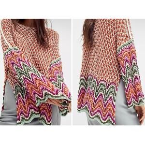 Free People Heatwave Pullover Crochet Boho Hippie Chevron Colorful Sweater - Sml